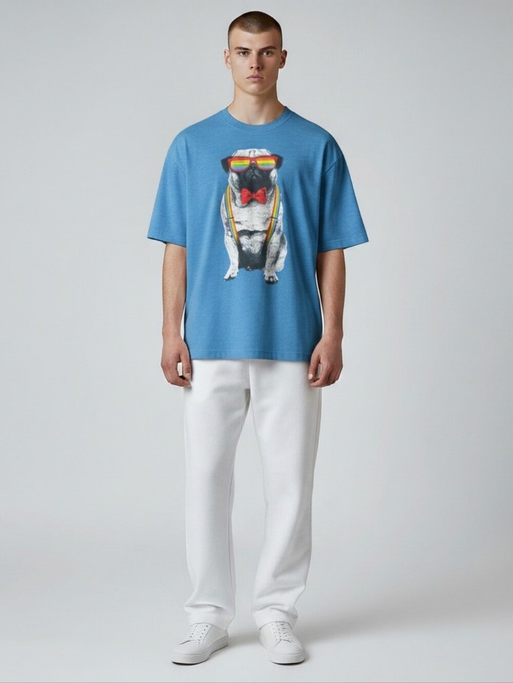 Wellworn Men's Blue Graphic Tee with Pug Gay Pride Print Large